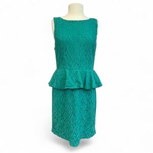 Y2K Bisou Emerald Green Lace Peplum Cocktail Dress Size 14 Wedding Guest Party